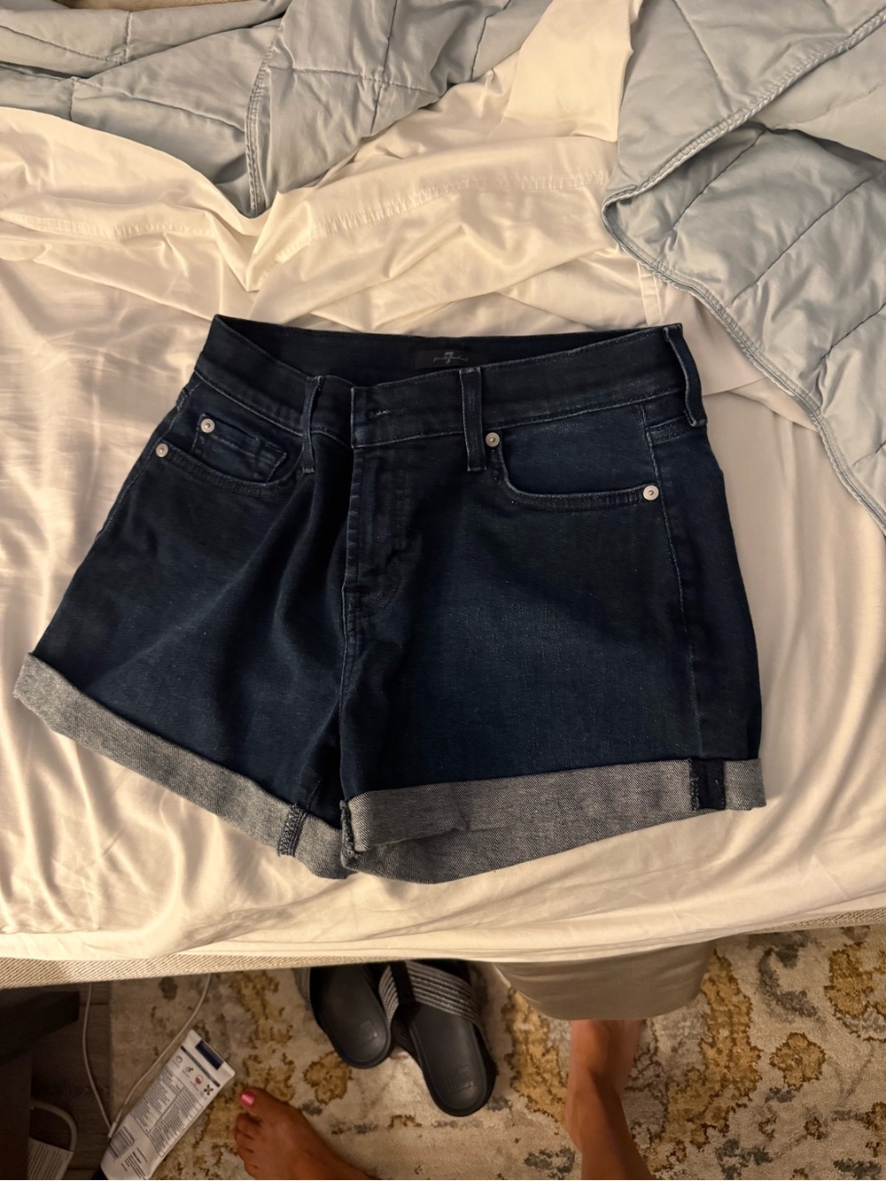 7 For All Mankind Dark Indigo Rolled-Hem Jean Shorts